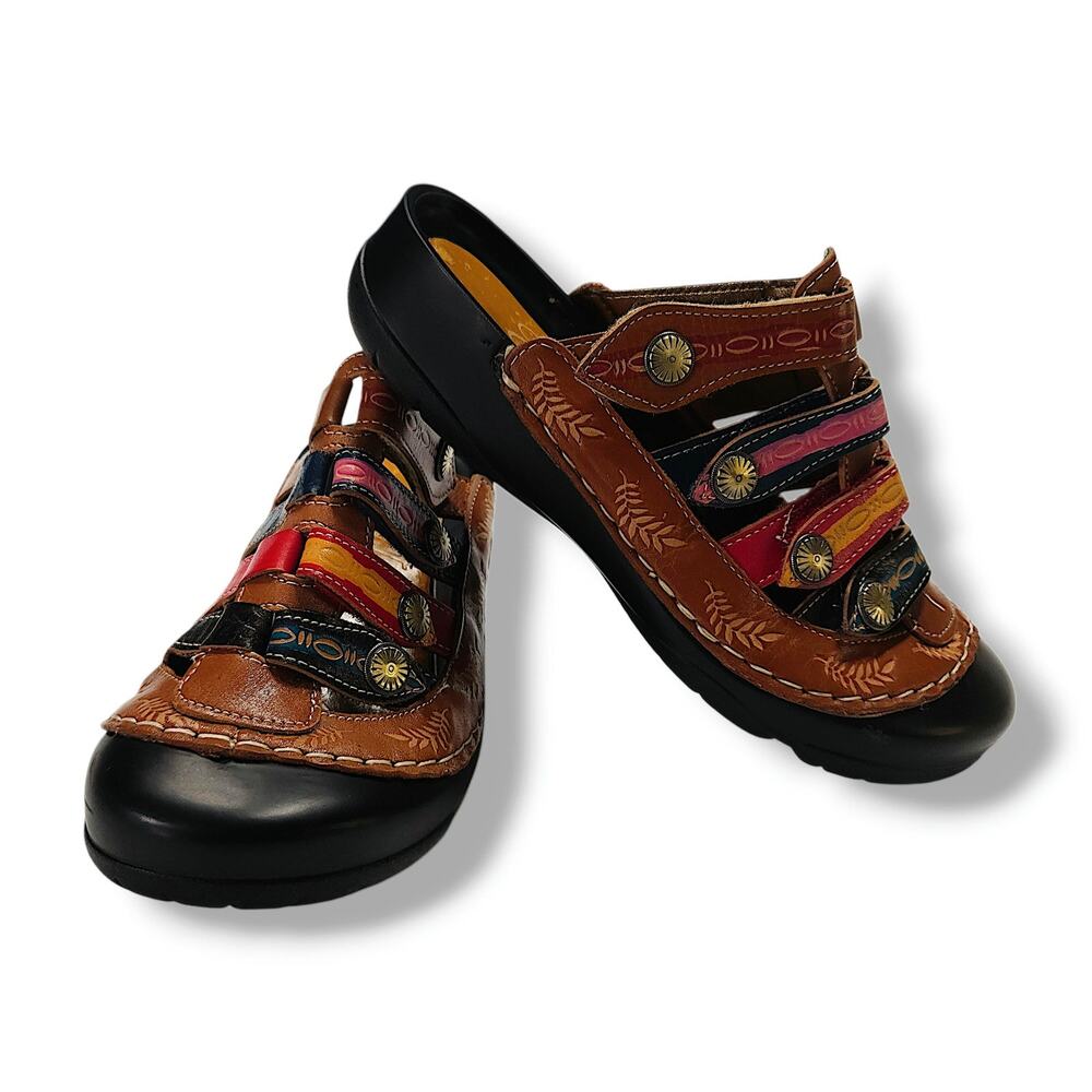 Corkys Elite Heidi Closed Toe Mule Clog Studded Colorblock Strap Brown Leather 6